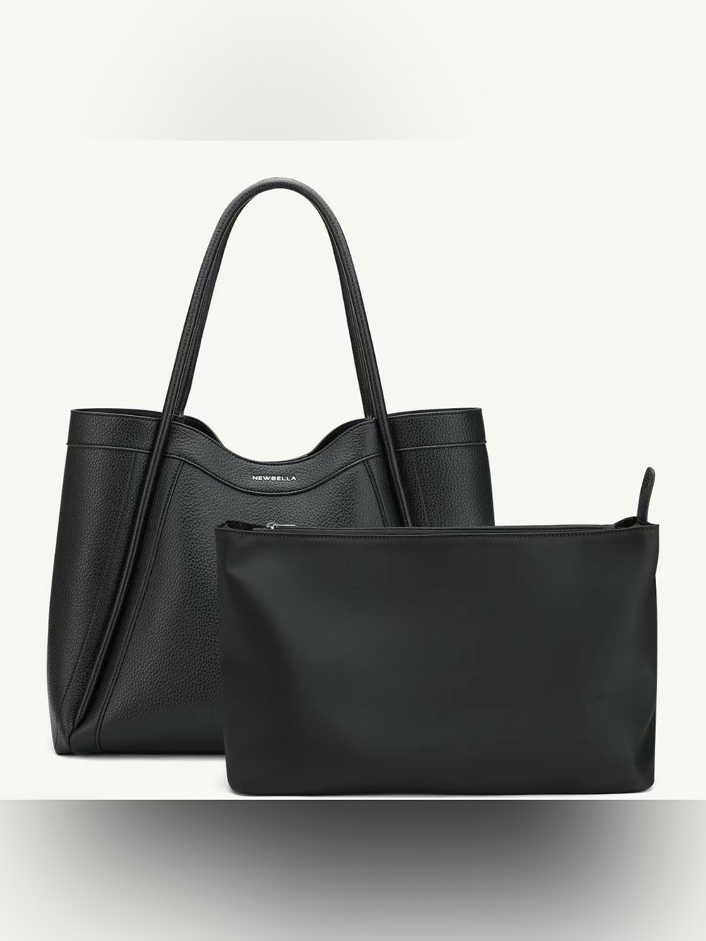 NEWBELLA Black Pebbled Leather Tote with Removable Zip Pouch Large